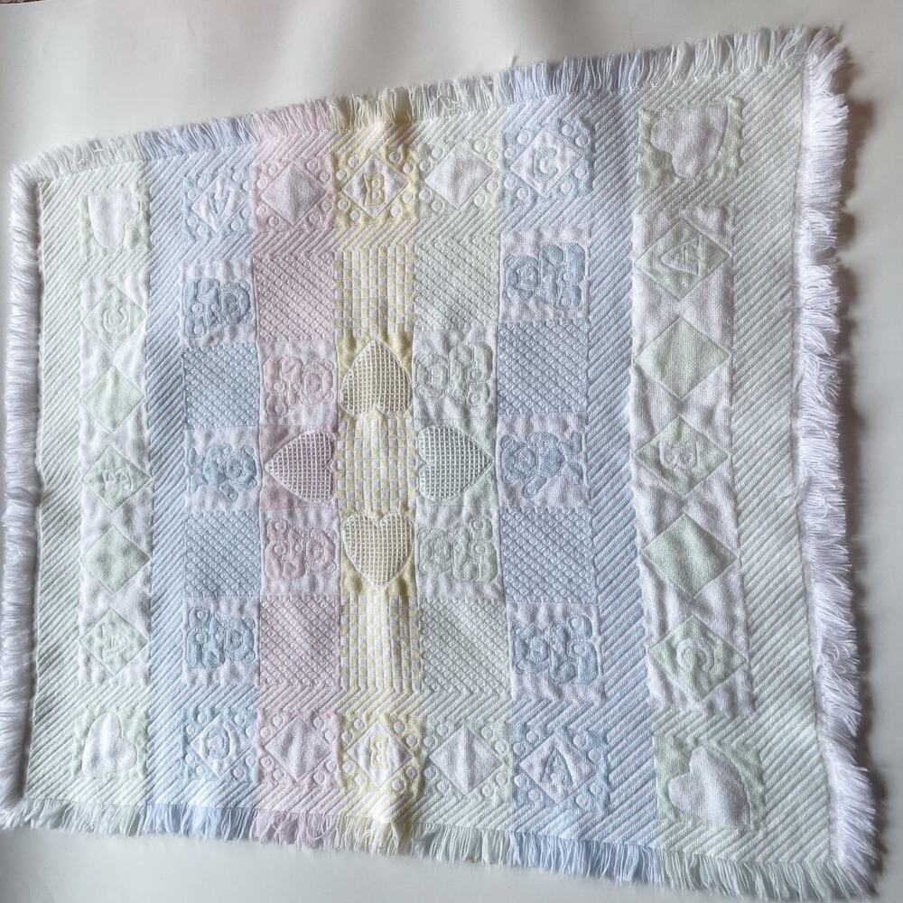 Vintage Baby Blanket Woven Tapestry Fringe Pastel Heart Bunny Teddy Bear ABC